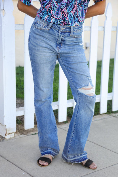 Judy Blue Medium Wash Mid Rise Release Hem Distressed Bootcut Jeans (Copy)-Evelyns Fashion