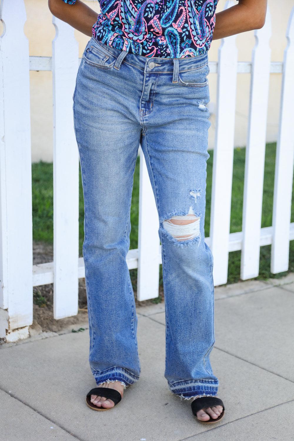 Judy Blue Medium Wash Mid Rise Release Hem Distressed Bootcut Jeans (Copy)-Evelyns Fashion