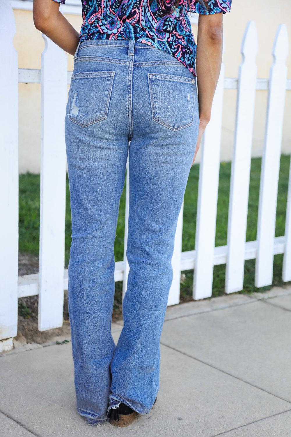 Judy Blue Medium Wash Mid Rise Release Hem Distressed Bootcut Jeans (Copy)-Evelyns Fashion