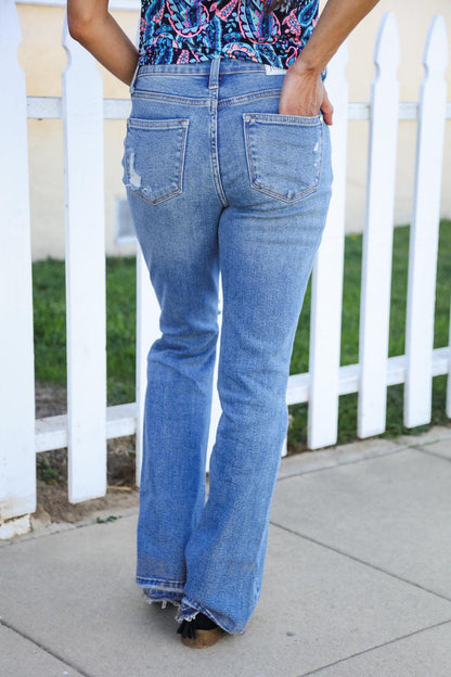Judy Blue Medium Wash Mid Rise Release Hem Distressed Bootcut Jeans (Copy)-Evelyns Fashion