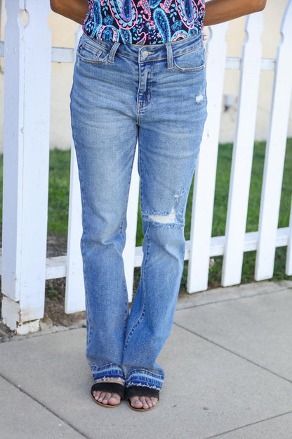 Judy Blue Medium Wash Mid Rise Release Hem Distressed Bootcut Jeans (Copy)-Evelyns Fashion
