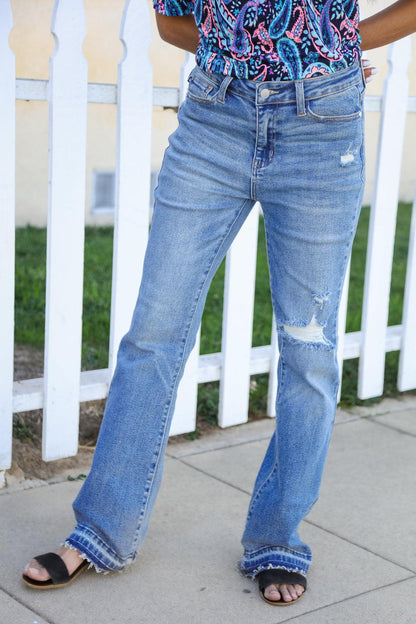 Judy Blue Medium Wash Mid Rise Release Hem Distressed Bootcut Jeans (Copy)-Evelyns Fashion