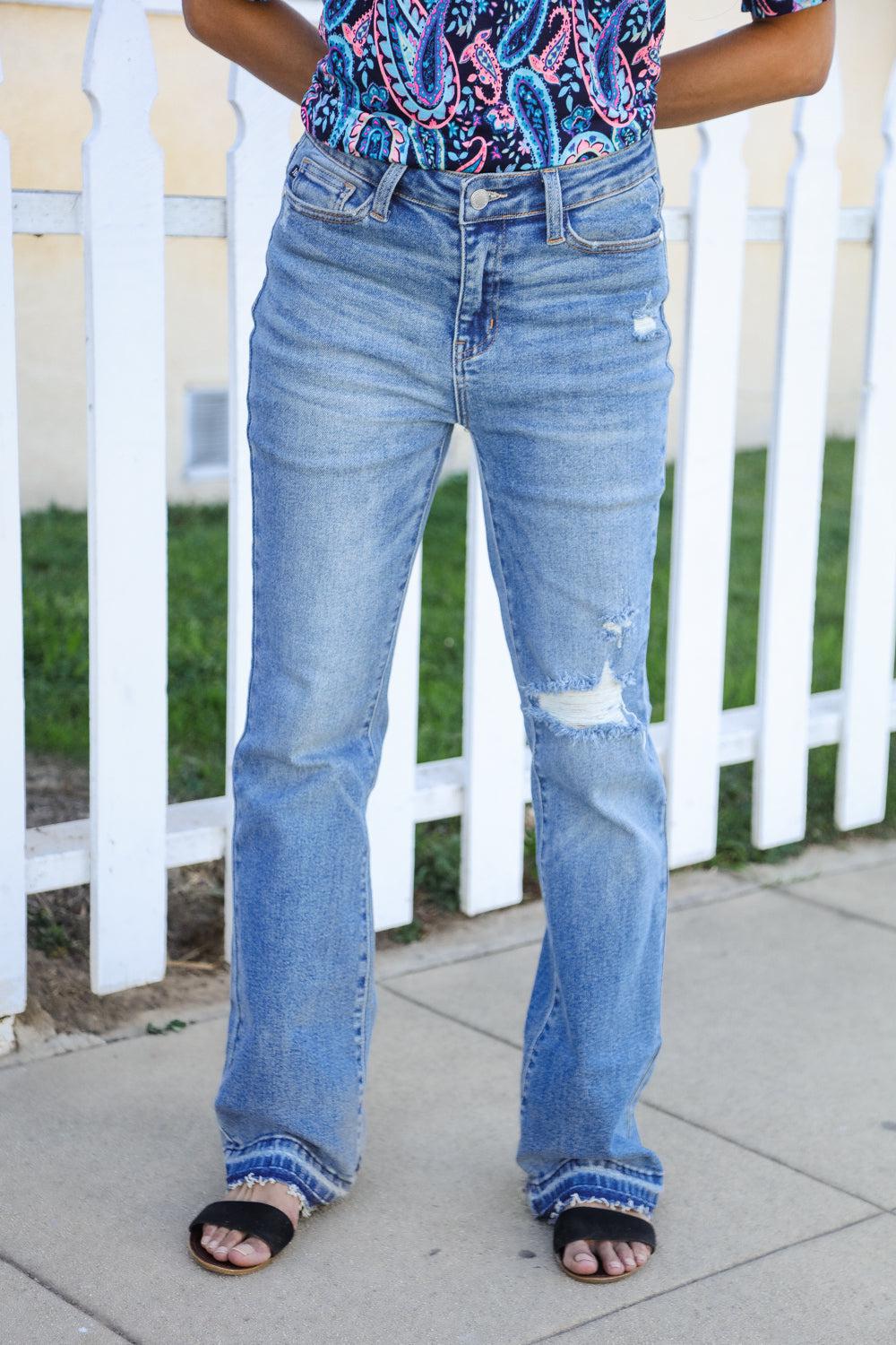Judy Blue Medium Wash Mid Rise Release Hem Distressed Bootcut Jeans (Copy)-Evelyns Fashion