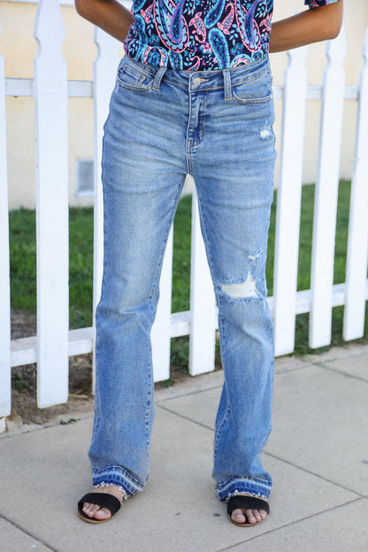 Judy Blue Medium Wash Mid Rise Release Hem Distressed Bootcut Jeans (Copy)-Evelyns Fashion