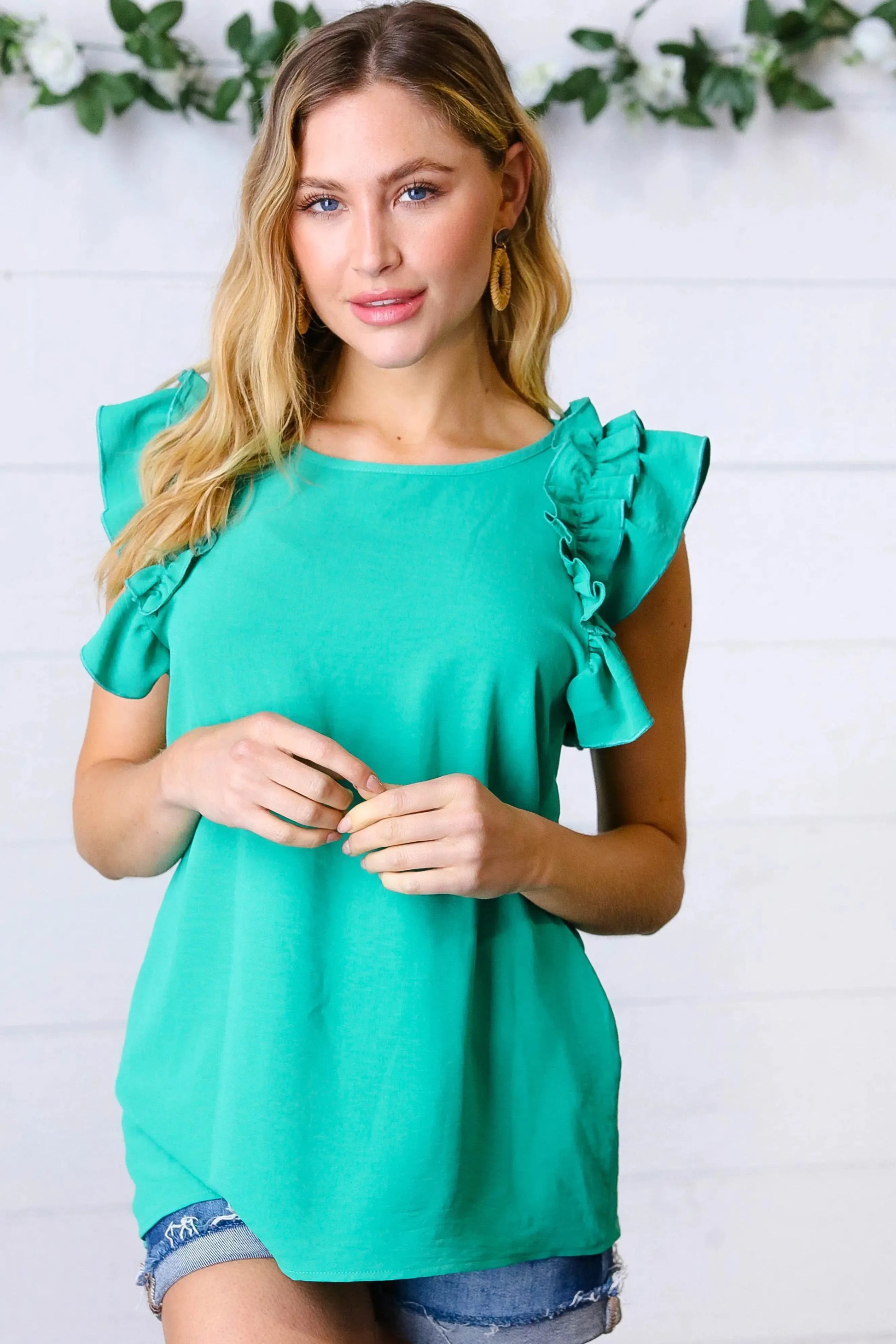 Kelly Green Double Ruffle Sleeve Crinkle Top-Evelyns Fashion