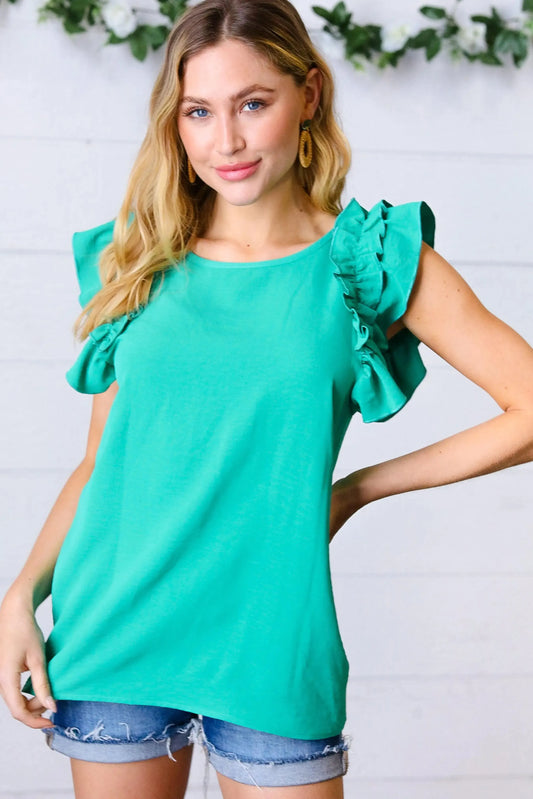 Kelly Green Double Ruffle Sleeve Crinkle Top-Evelyns Fashion