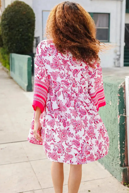 Let's Meet Up Red & Pink Paisley Drop Shoulder Kimono Dress-Evelyns Fashion