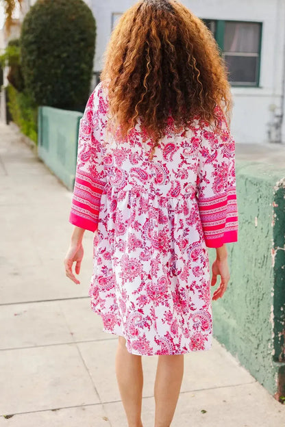 Let's Meet Up Red & Pink Paisley Drop Shoulder Kimono Dress-Evelyns Fashion