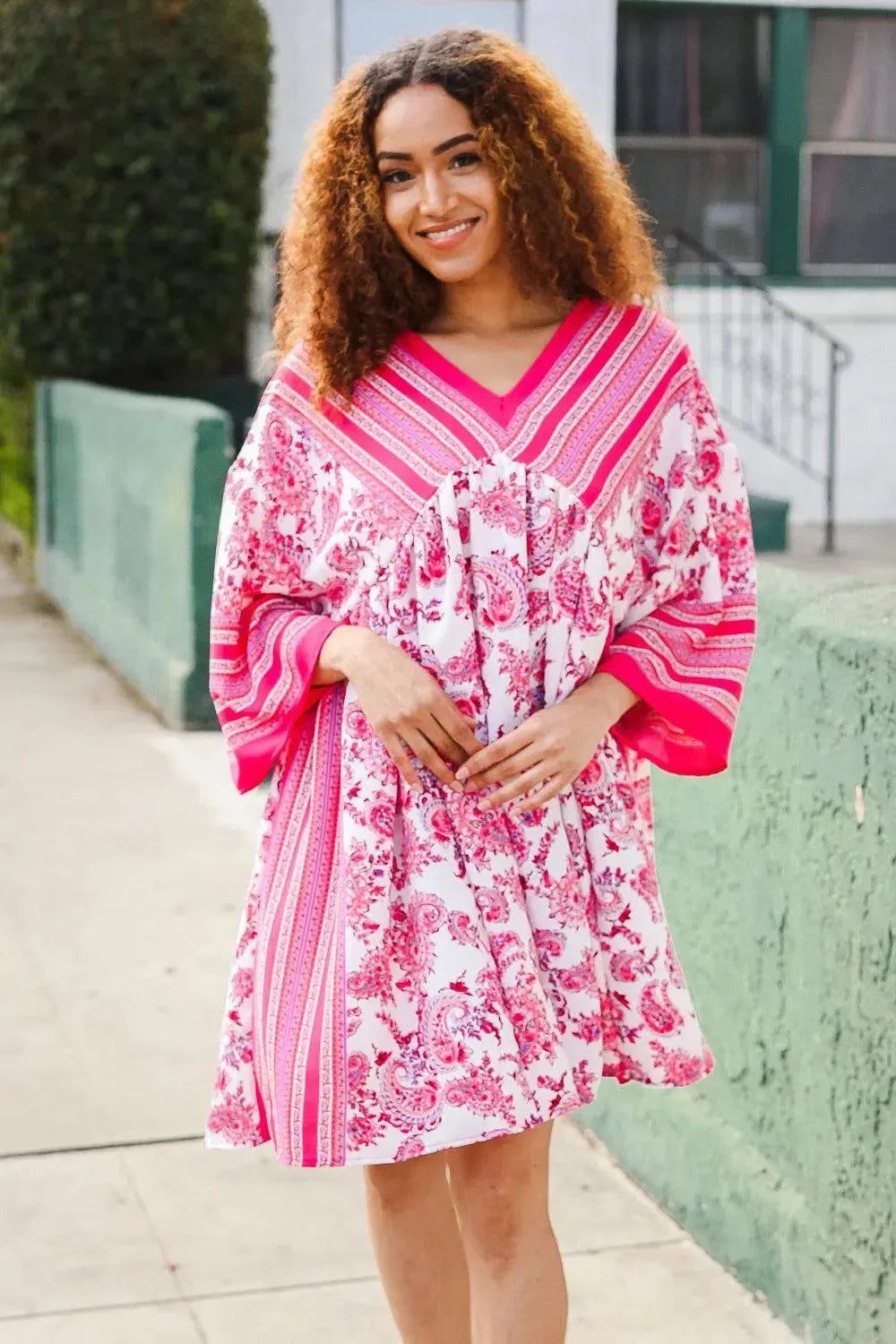 Let's Meet Up Red & Pink Paisley Drop Shoulder Kimono Dress-Evelyns Fashion