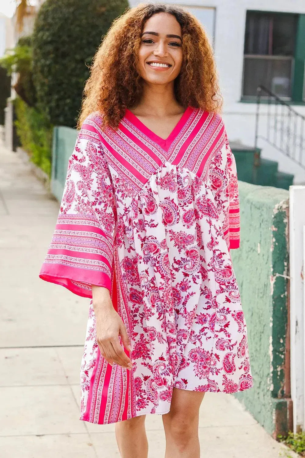 Let's Meet Up Red & Pink Paisley Drop Shoulder Kimono Dress-Evelyns Fashion
