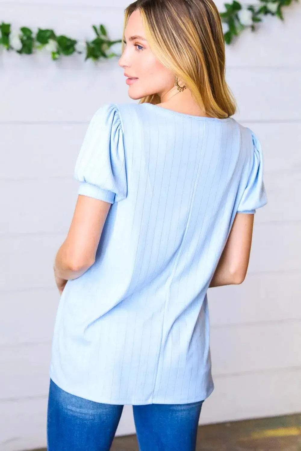 Light Blue Wide Rib Puff Sleeve Top-Evelyns Fashion