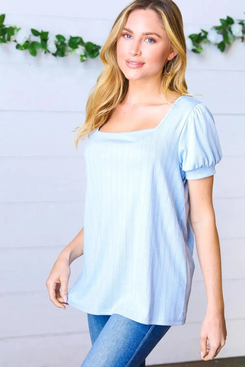 Light Blue Wide Rib Puff Sleeve Top-Evelyns Fashion