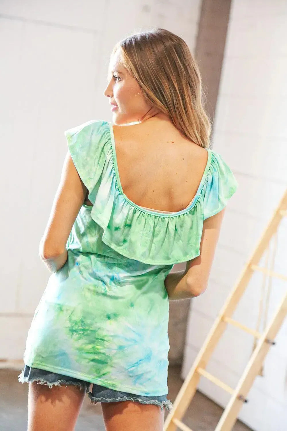 Lime Square Neck Ruffle Tie Dye Tank Top-Evelyns Fashion