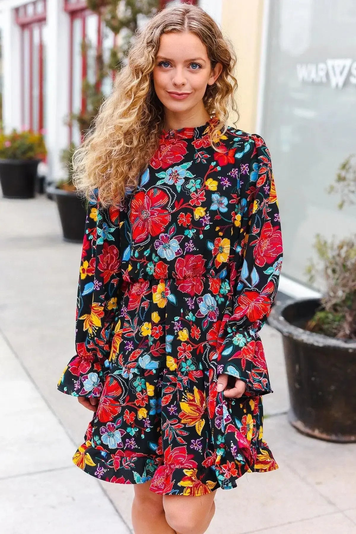 Lock Eyes Black Floral Sequin Print Ruffle Sleeve Frill Mock Neck Dress-Evelyns Fashion