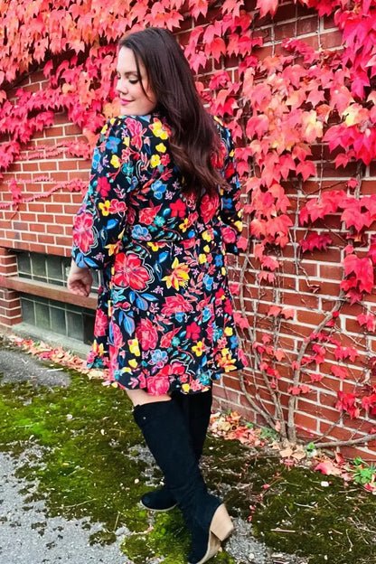 Lock Eyes Black Floral Sequin Print Ruffle Sleeve Frill Mock Neck Dress-Evelyns Fashion