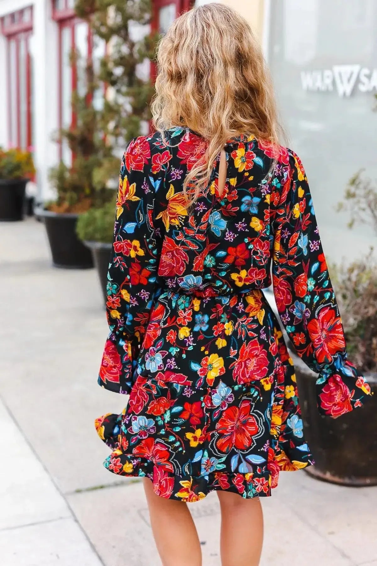 Lock Eyes Black Floral Sequin Print Ruffle Sleeve Frill Mock Neck Dress-Evelyns Fashion