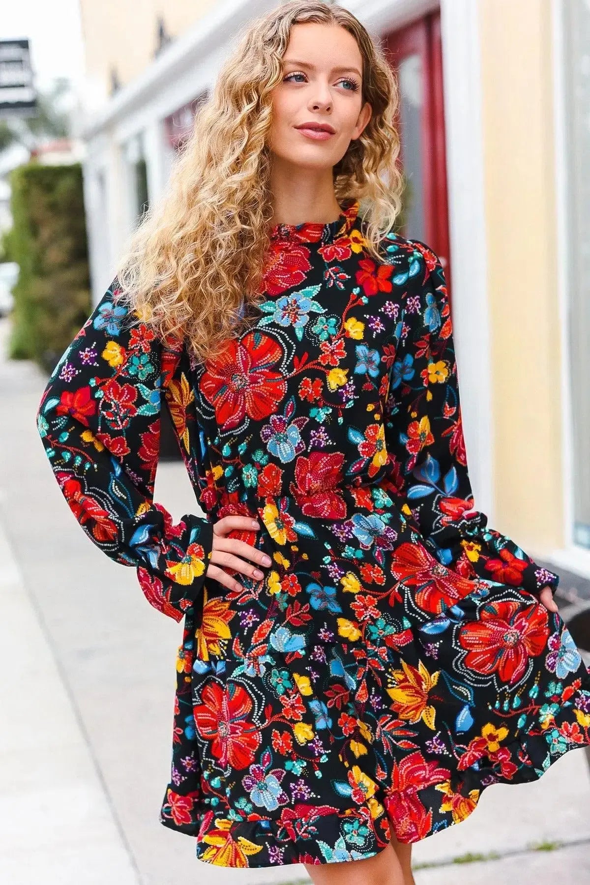 Lock Eyes Black Floral Sequin Print Ruffle Sleeve Frill Mock Neck Dress-Evelyns Fashion