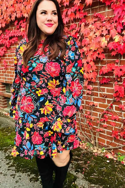 Lock Eyes Black Floral Sequin Print Ruffle Sleeve Frill Mock Neck Dress-Evelyns Fashion