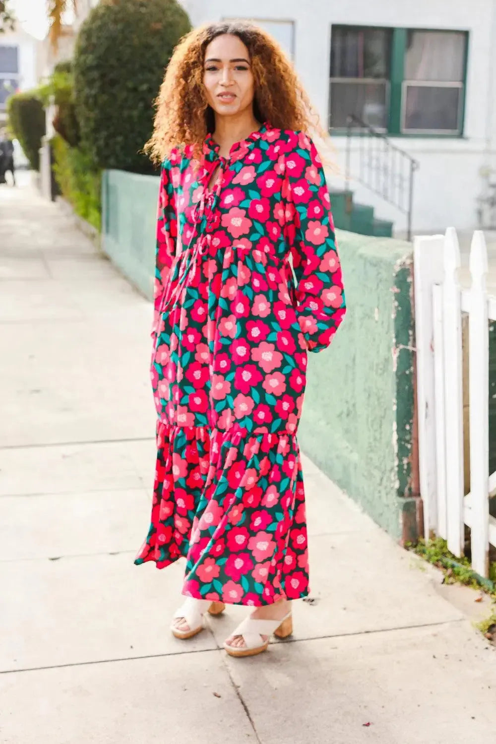 Look Adorable Ribbon Bow Tie Babydoll Tiered Maxi Dress-Evelyns Fashion