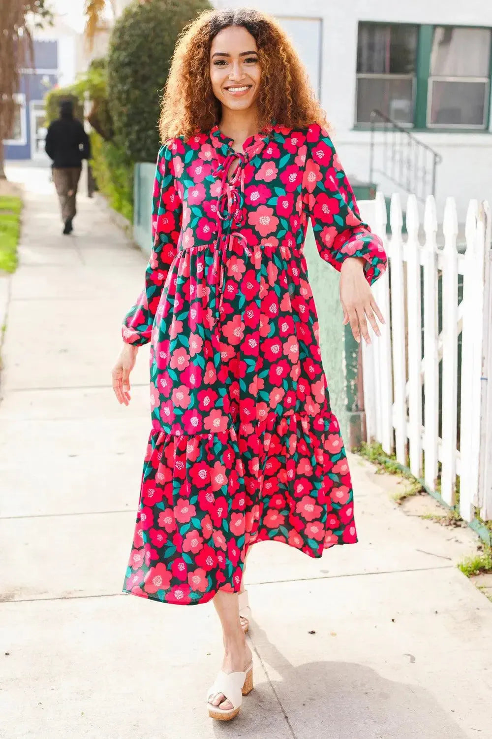 Look Adorable Ribbon Bow Tie Babydoll Tiered Maxi Dress-Evelyns Fashion