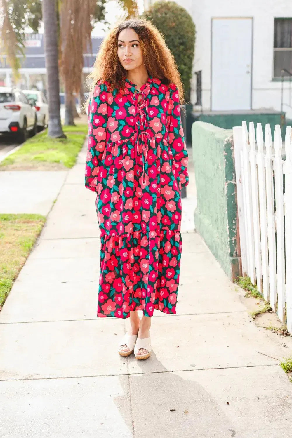 Look Adorable Ribbon Bow Tie Babydoll Tiered Maxi Dress-Evelyns Fashion