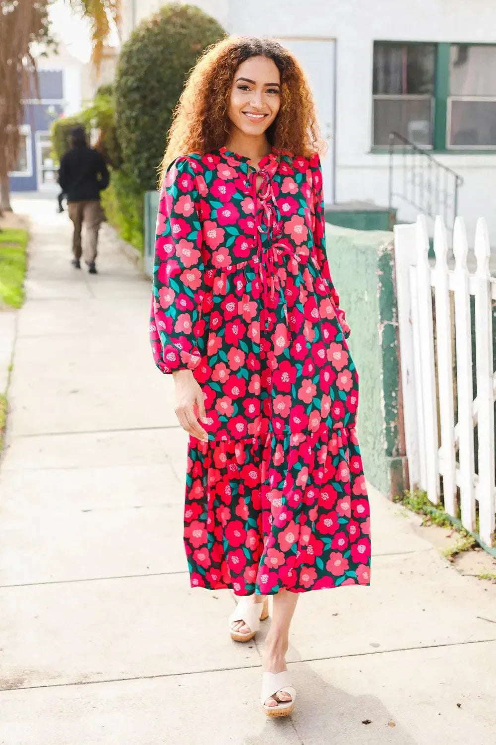 Look Adorable Ribbon Bow Tie Babydoll Tiered Maxi Dress-Evelyns Fashion