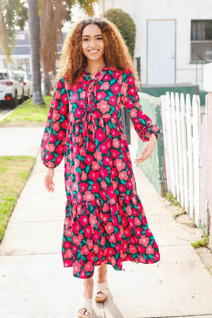 Look Adorable Ribbon Bow Tie Babydoll Tiered Maxi Dress-Evelyns Fashion