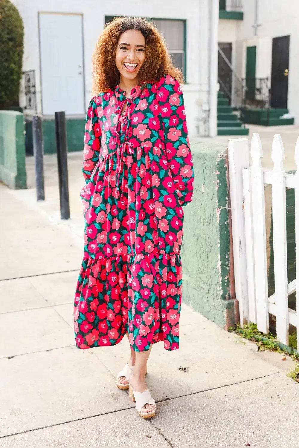 Look Adorable Ribbon Bow Tie Babydoll Tiered Maxi Dress-Evelyns Fashion