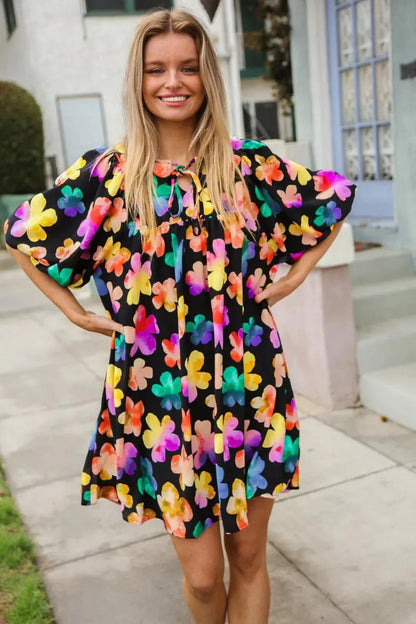 Look Adorable Ribbon Bow Tie Floral Babydoll Dress with Pockets-Evelyns Fashion