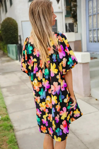 Look Adorable Ribbon Bow Tie Floral Babydoll Dress with Pockets-Evelyns Fashion