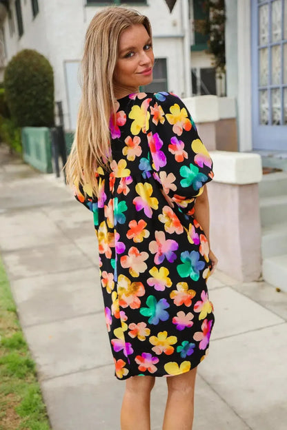 Look Adorable Ribbon Bow Tie Floral Babydoll Dress with Pockets-Evelyns Fashion