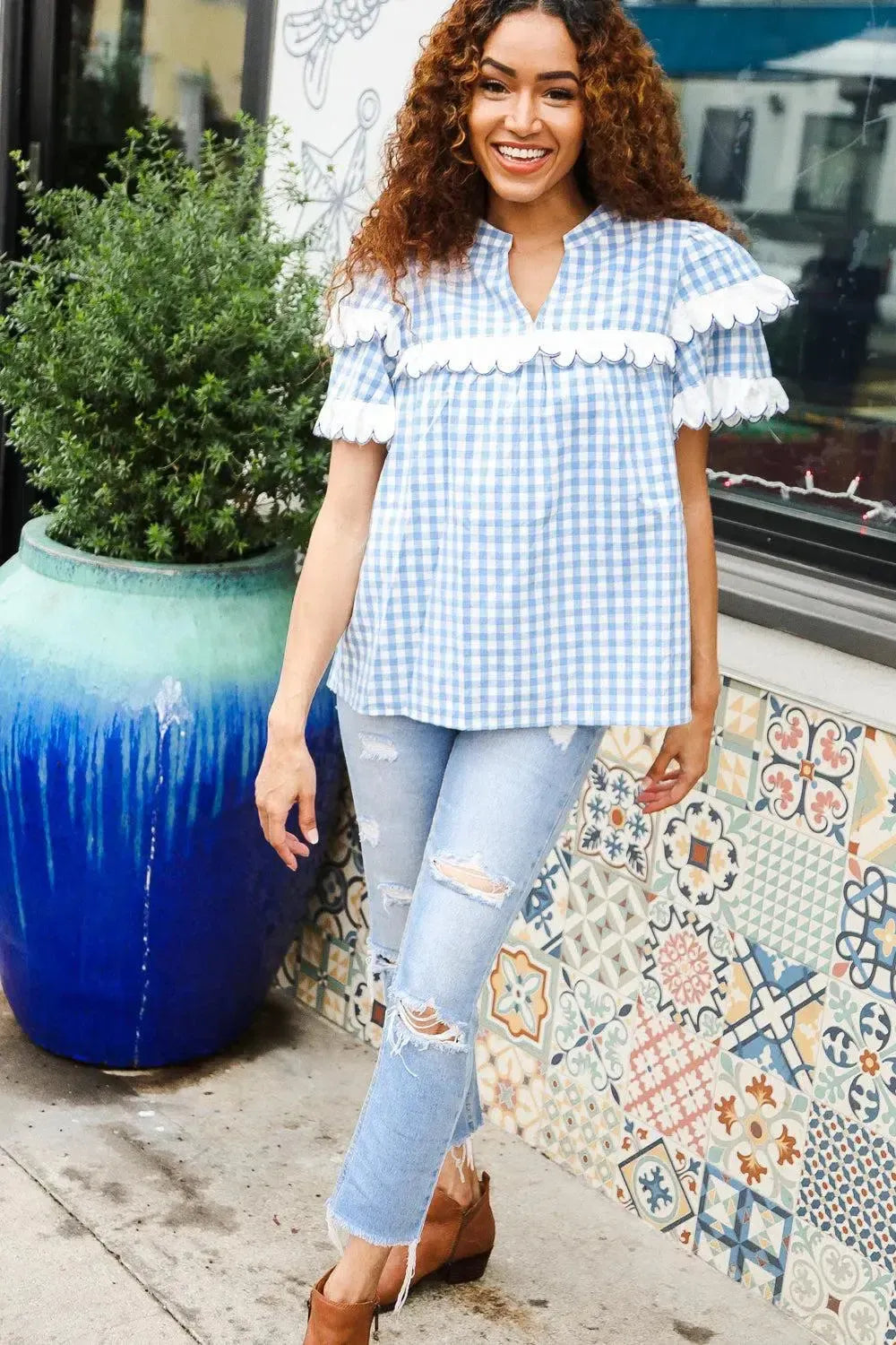Lost In Love Cotton Blue Gingham Shirred Mock Neck Top-Evelyns Fashion