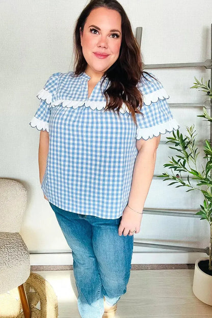 Lost In Love Cotton Blue Gingham Shirred Mock Neck Top-Evelyns Fashion