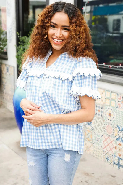 Lost In Love Cotton Blue Gingham Shirred Mock Neck Top-Evelyns Fashion