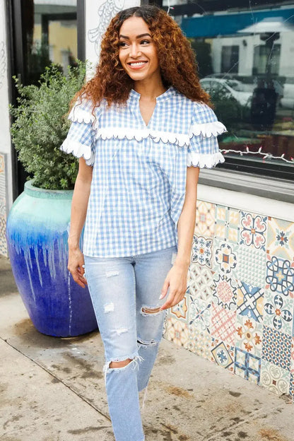 Lost In Love Cotton Blue Gingham Shirred Mock Neck Top-Evelyns Fashion