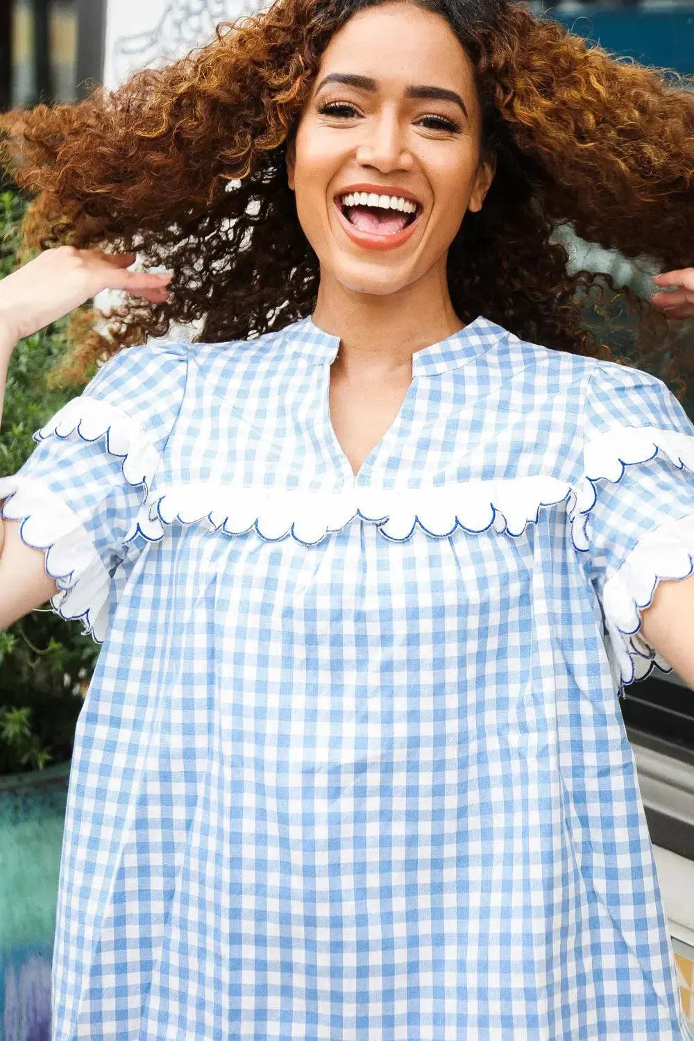 Lost In Love Cotton Blue Gingham Shirred Mock Neck Top-Evelyns Fashion
