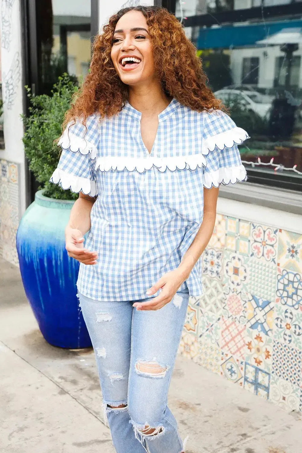 Lost In Love Cotton Blue Gingham Shirred Mock Neck Top-Evelyns Fashion