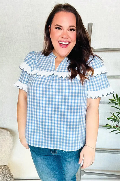 Lost In Love Cotton Blue Gingham Shirred Mock Neck Top-Evelyns Fashion
