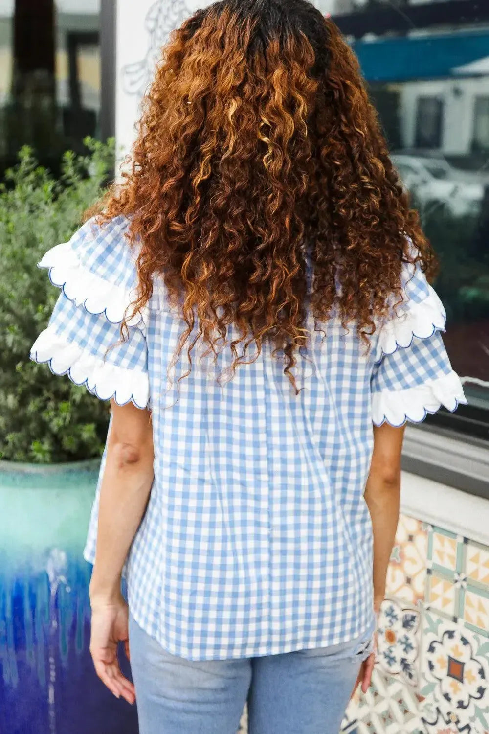 Lost In Love Cotton Blue Gingham Shirred Mock Neck Top-Evelyns Fashion