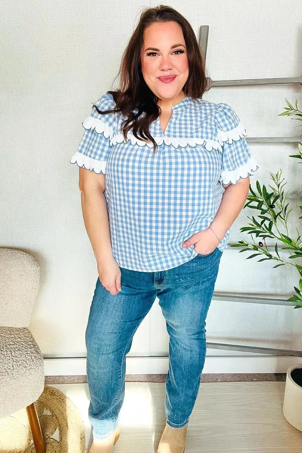 Lost In Love Cotton Blue Gingham Shirred Mock Neck Top-Evelyns Fashion