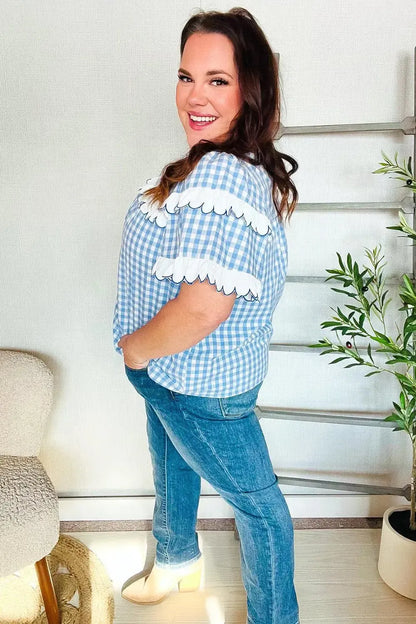 Lost In Love Cotton Blue Gingham Shirred Mock Neck Top-Evelyns Fashion