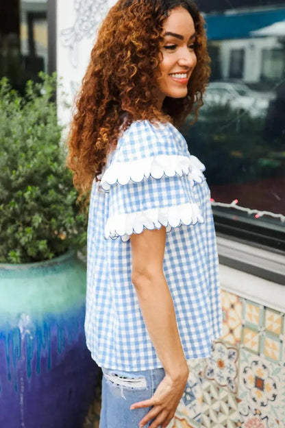 Lost In Love Cotton Blue Gingham Shirred Mock Neck Top-Evelyns Fashion