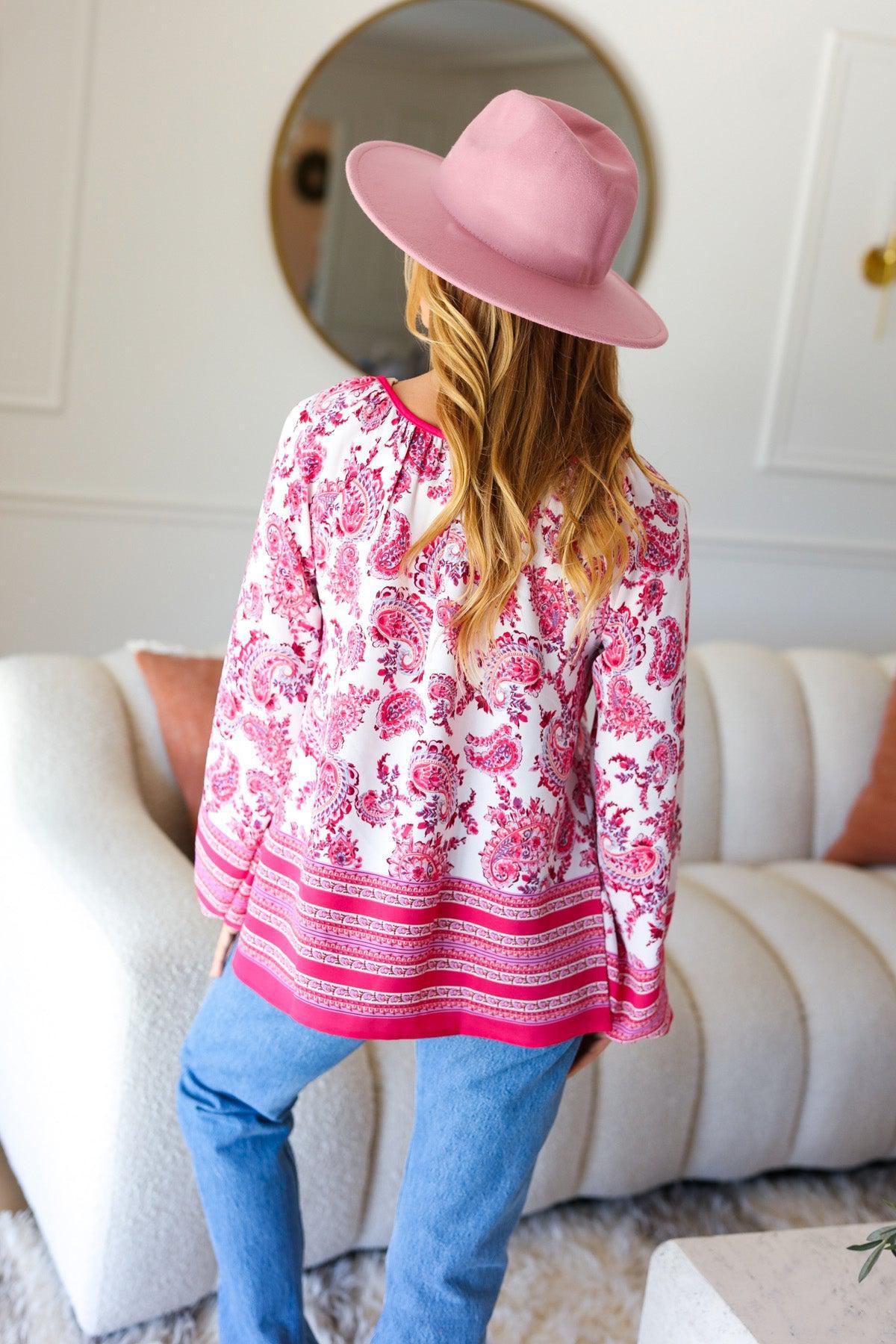 Make A Statement Fuchsia Paisley Boho Front Tie Top-Evelyns Fashion