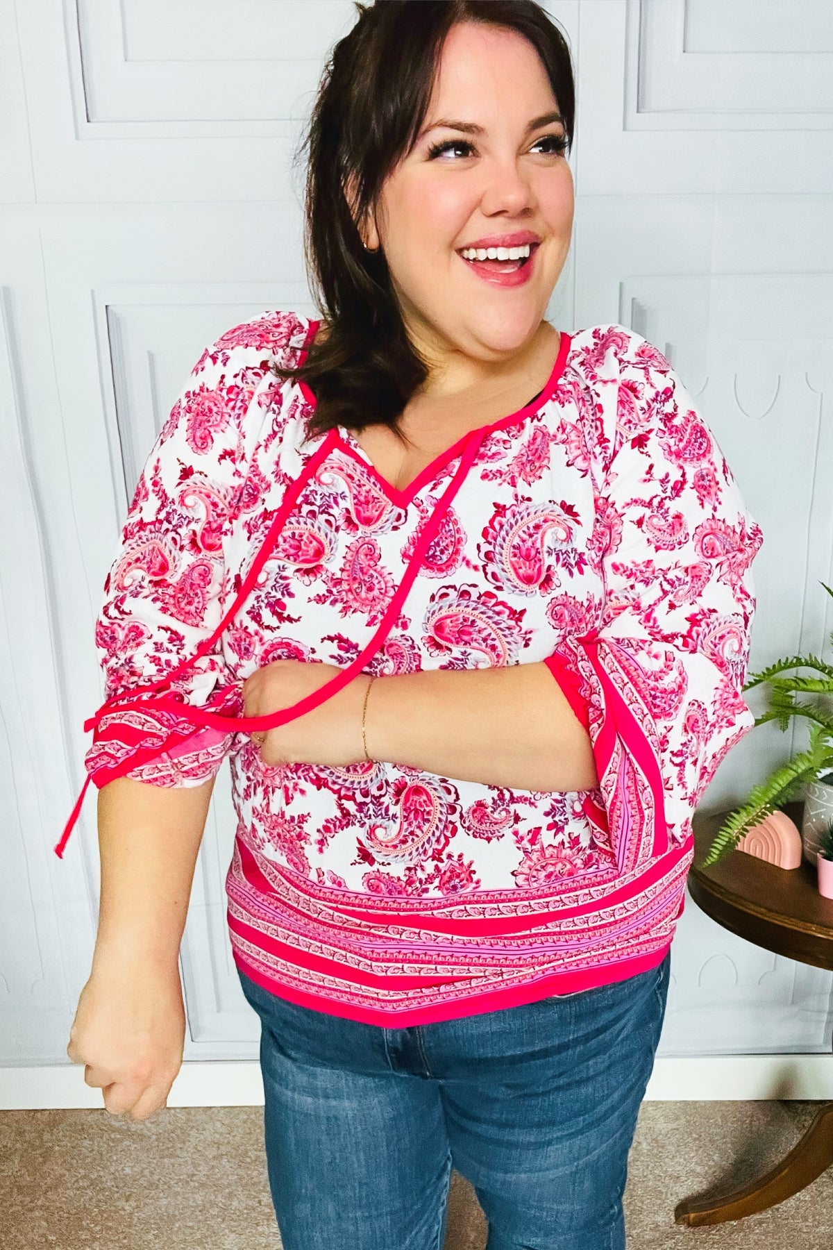 Make A Statement Fuchsia Paisley Boho Front Tie Top-Evelyns Fashion