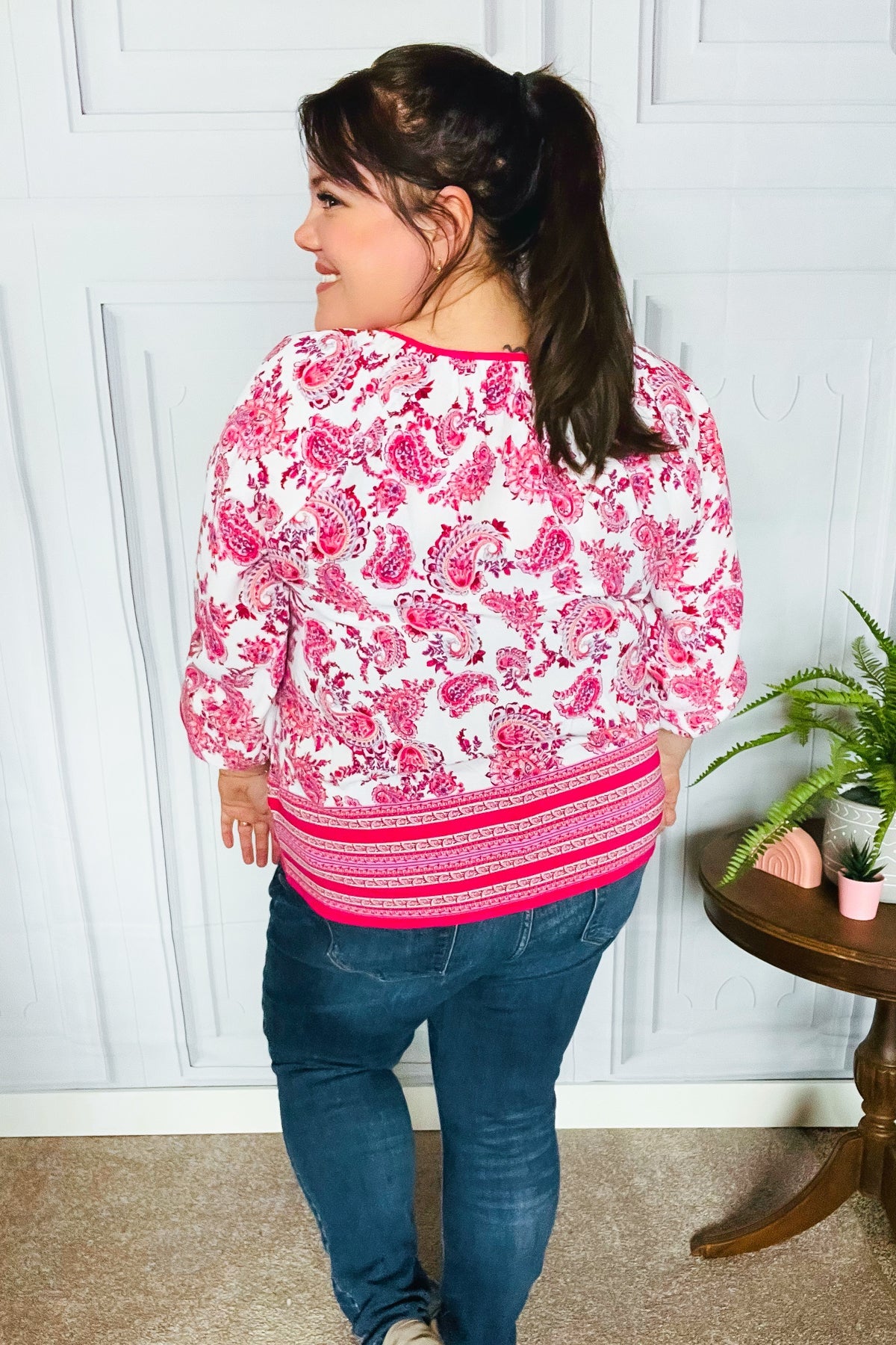 Make A Statement Fuchsia Paisley Boho Front Tie Top-Evelyns Fashion