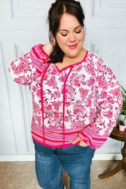Make A Statement Fuchsia Paisley Boho Front Tie Top-Evelyns Fashion