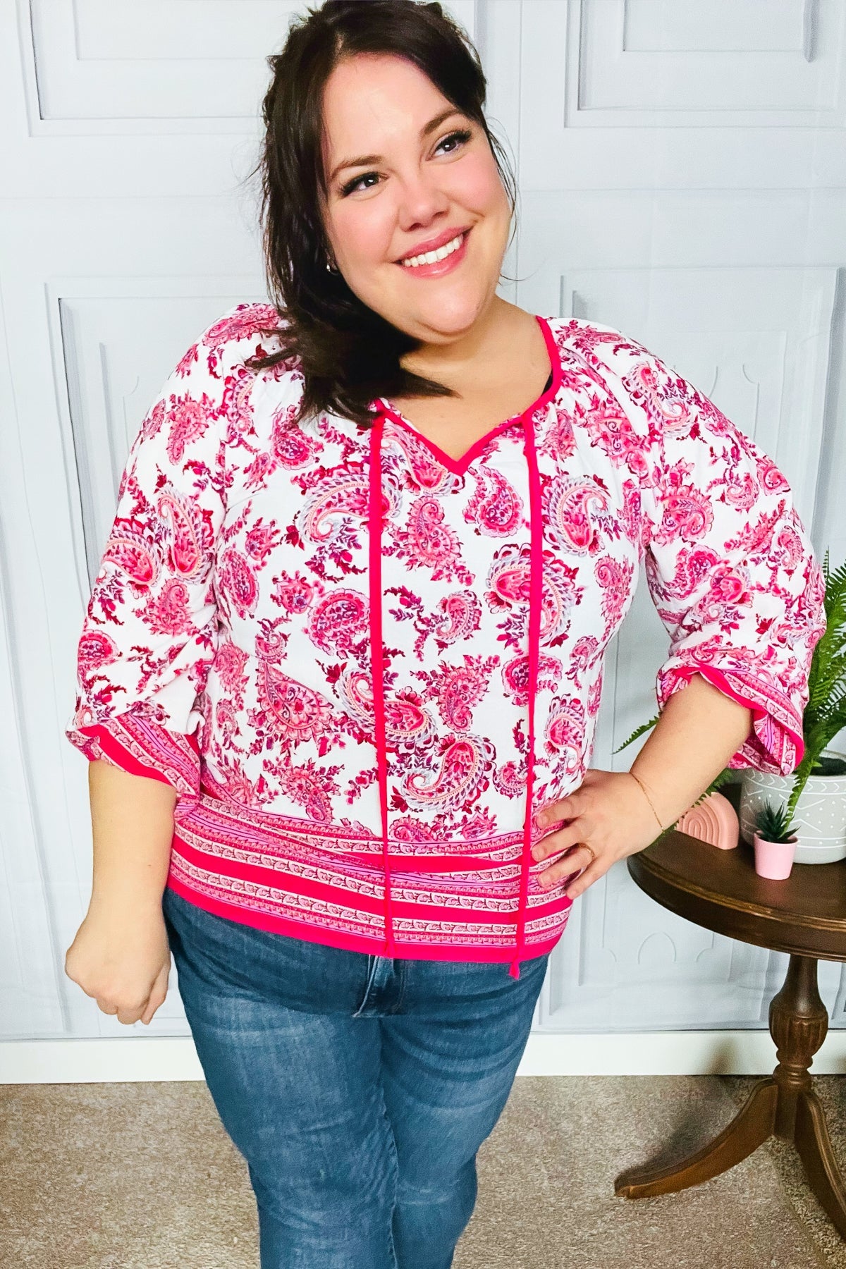 Make A Statement Fuchsia Paisley Boho Front Tie Top-Evelyns Fashion