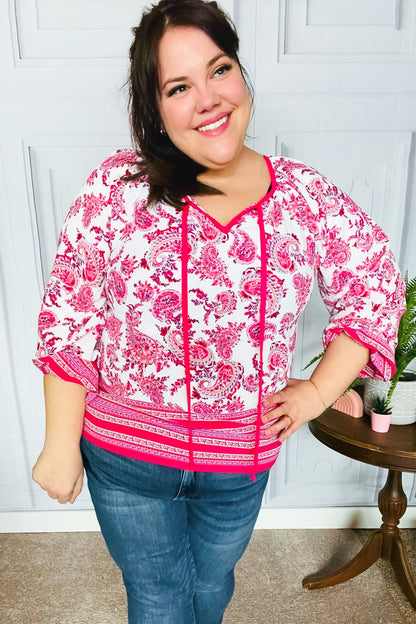 Make A Statement Fuchsia Paisley Boho Front Tie Top-Evelyns Fashion