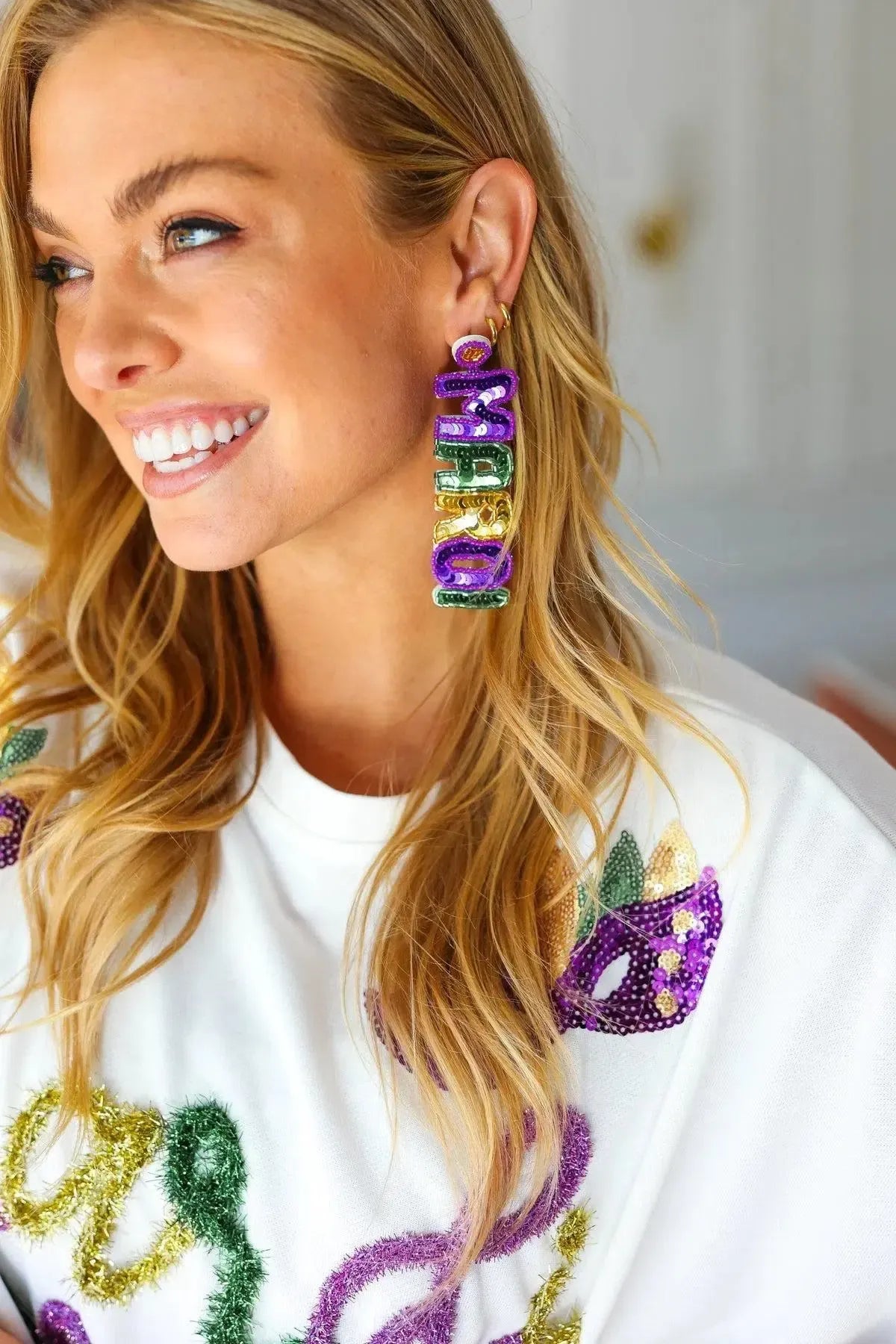 Mardi Gras Sequin & Beaded Dangle Earrings-Evelyns Fashion