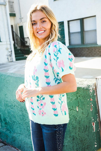 Mint Floral Jacquard Sweater Top-Blouses-Evelyns Fashion